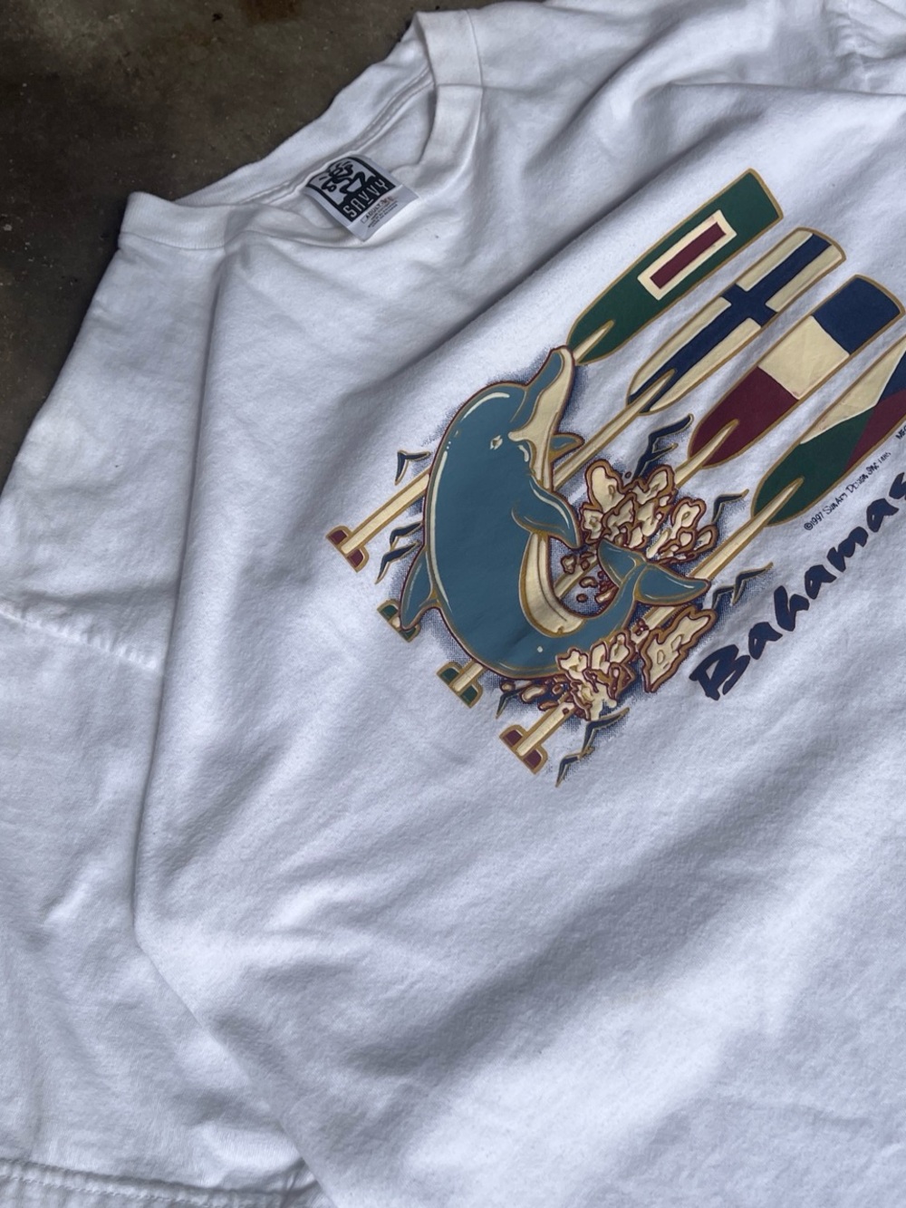 Savvy White Short Sleeve Tee with Teal Dolphin and Nautical Flags